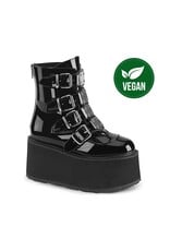 DAMNED-105 - Black Patent - 3 1/2" (90mm) Platform Ankle Boot Featuring Quadruple Buckle Straps w/ Metal Plates at Center, Back Metal Zip Closure D57PB - DAM105/B