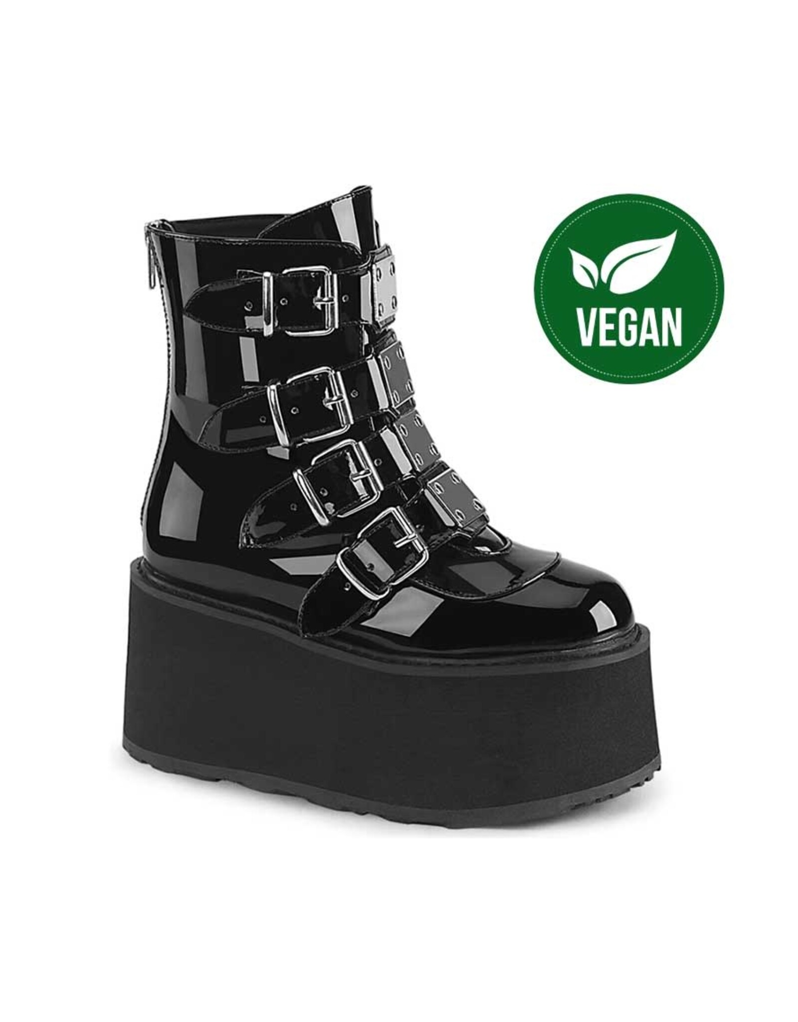 DAMNED-105 - Black Patent - 3 1/2" (90mm) Platform Ankle Boot Featuring Quadruple Buckle Straps w/ Metal Plates at Center, Back Metal Zip Closure D57PB - DAM105/B