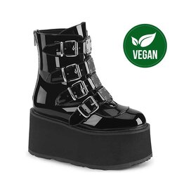 DAMNED-105 - Black Patent - 3 1/2" (90mm) Platform Ankle Boot Featuring Quadruple Buckle Straps w/ Metal Plates at Center, Back Metal Zip Closure D57PB - DAM105/B