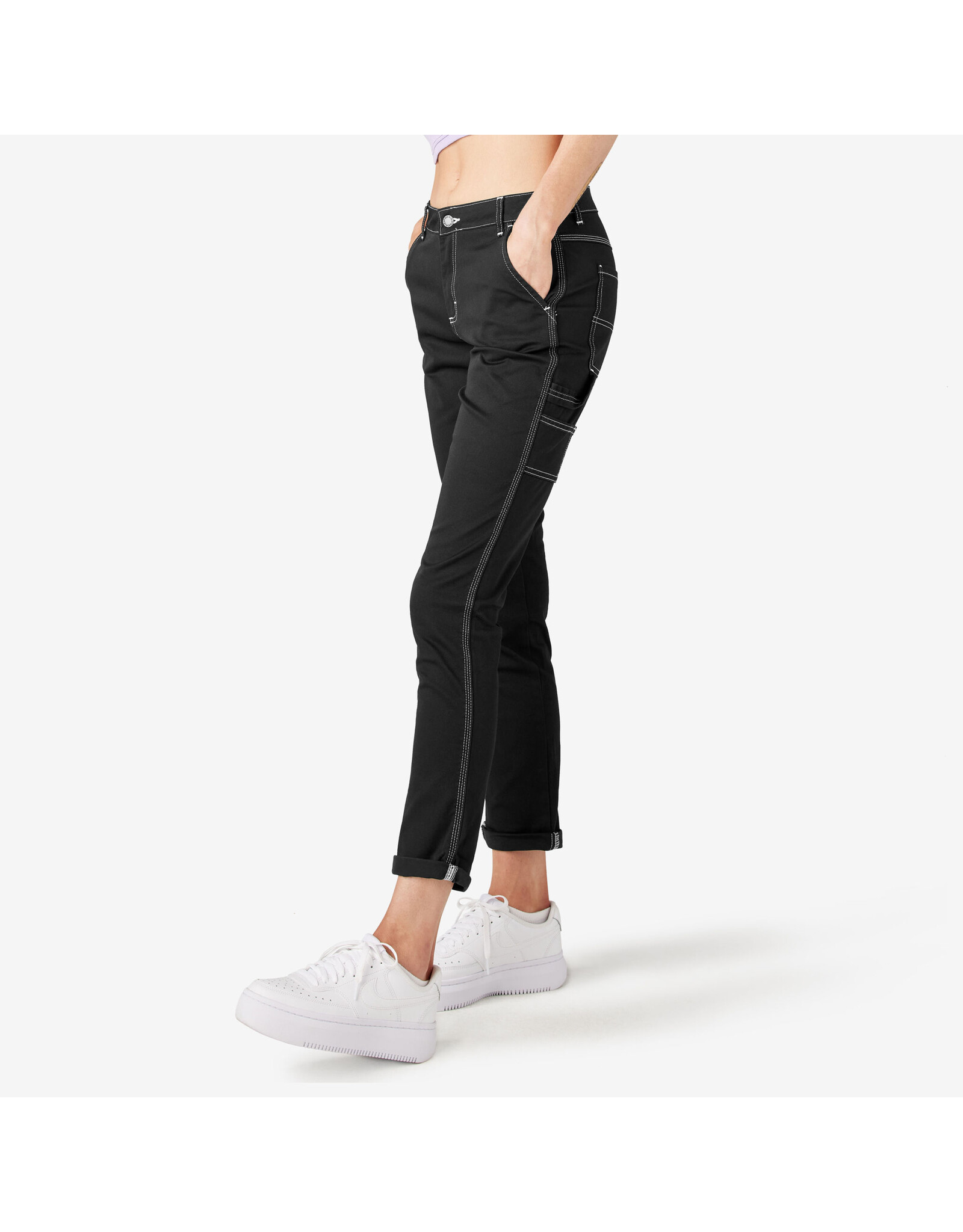 DICKIES Women's Slim Straight Fit Roll Hem Carpenter Pants Black - FPR53BKX