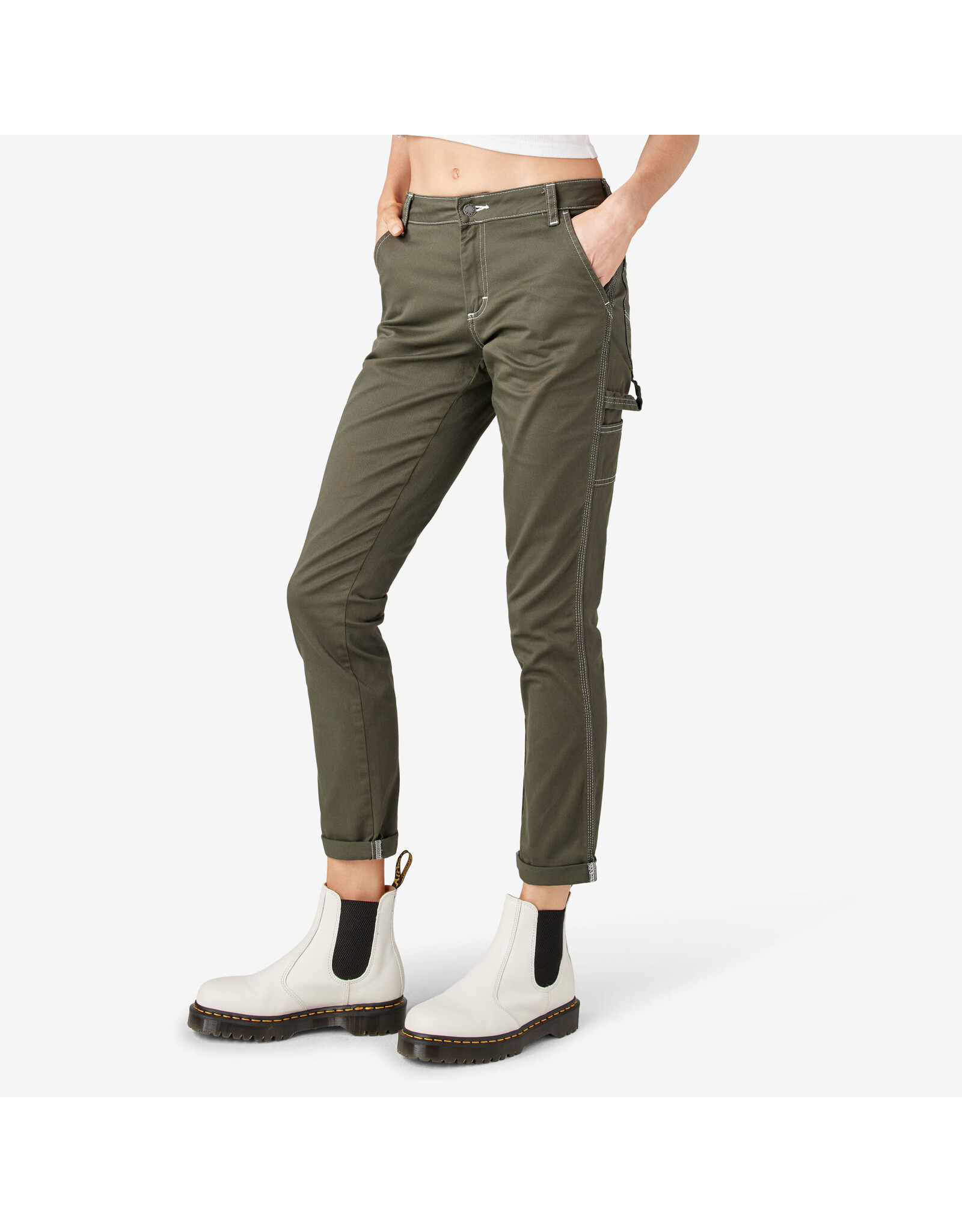 DICKIES Women's Slim Straight Fit Roll Hem Carpenter Pants Olive Green - FPR53OG