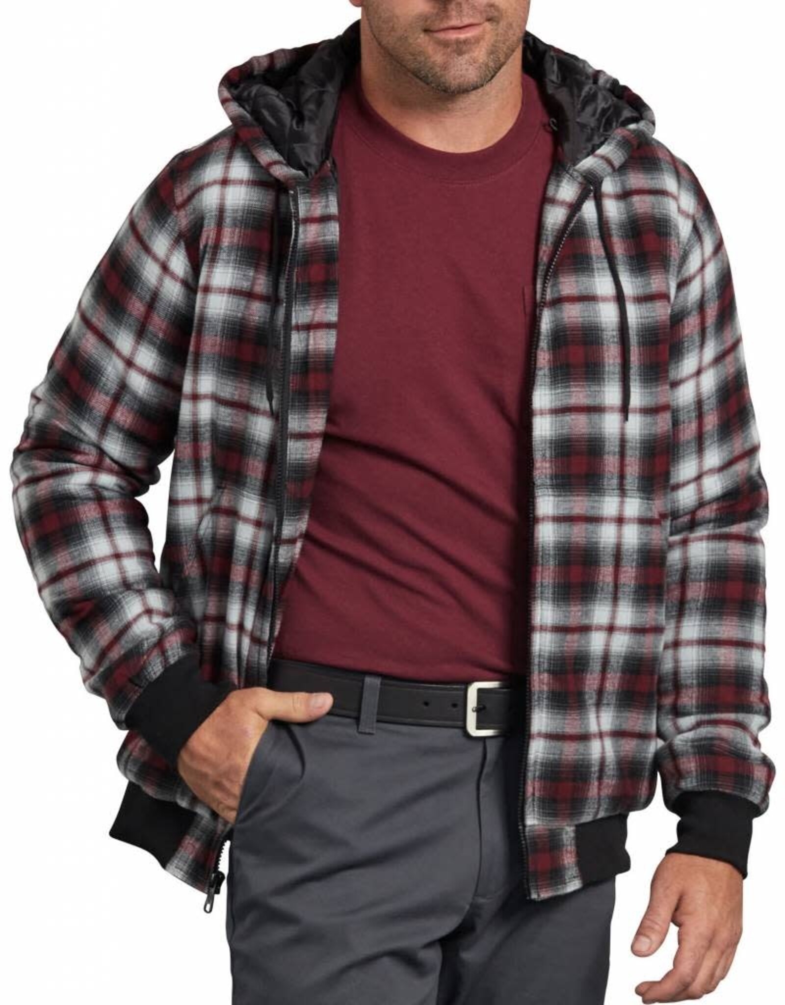 DICKIES Quilted Flannel Bomber Hooded Jacket Ex. Light Gray/Burgundy Plaid - TJ204XYP