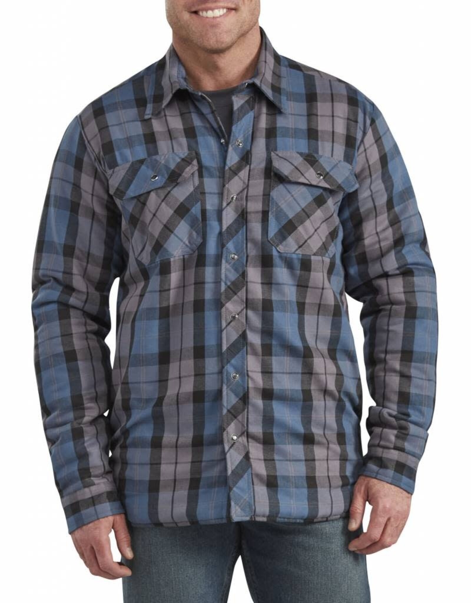 DICKIES Sherpa Lined Snap Front Jacket Insigna Blue/Charcoal Plaid - TJ200PUO