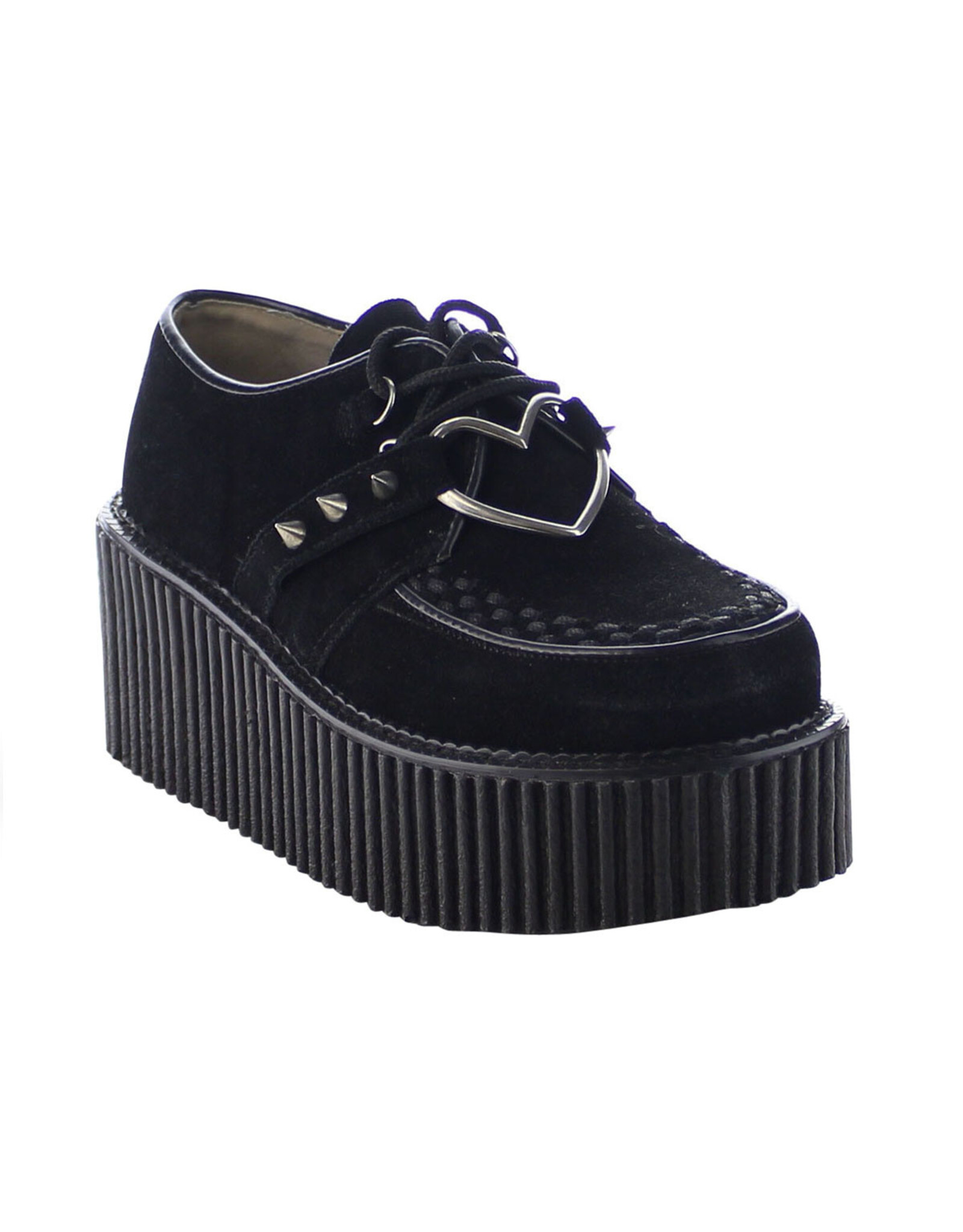 CREEPER-206 3" Platform Black Vegan Suede Creeper w/Heart O-Ring & Spikes Detail-D9VBH