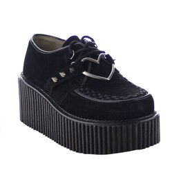 CREEPER-206 3" Platform Black Vegan Suede Creeper w/Heart O-Ring & Spikes Detail-D9VBH
