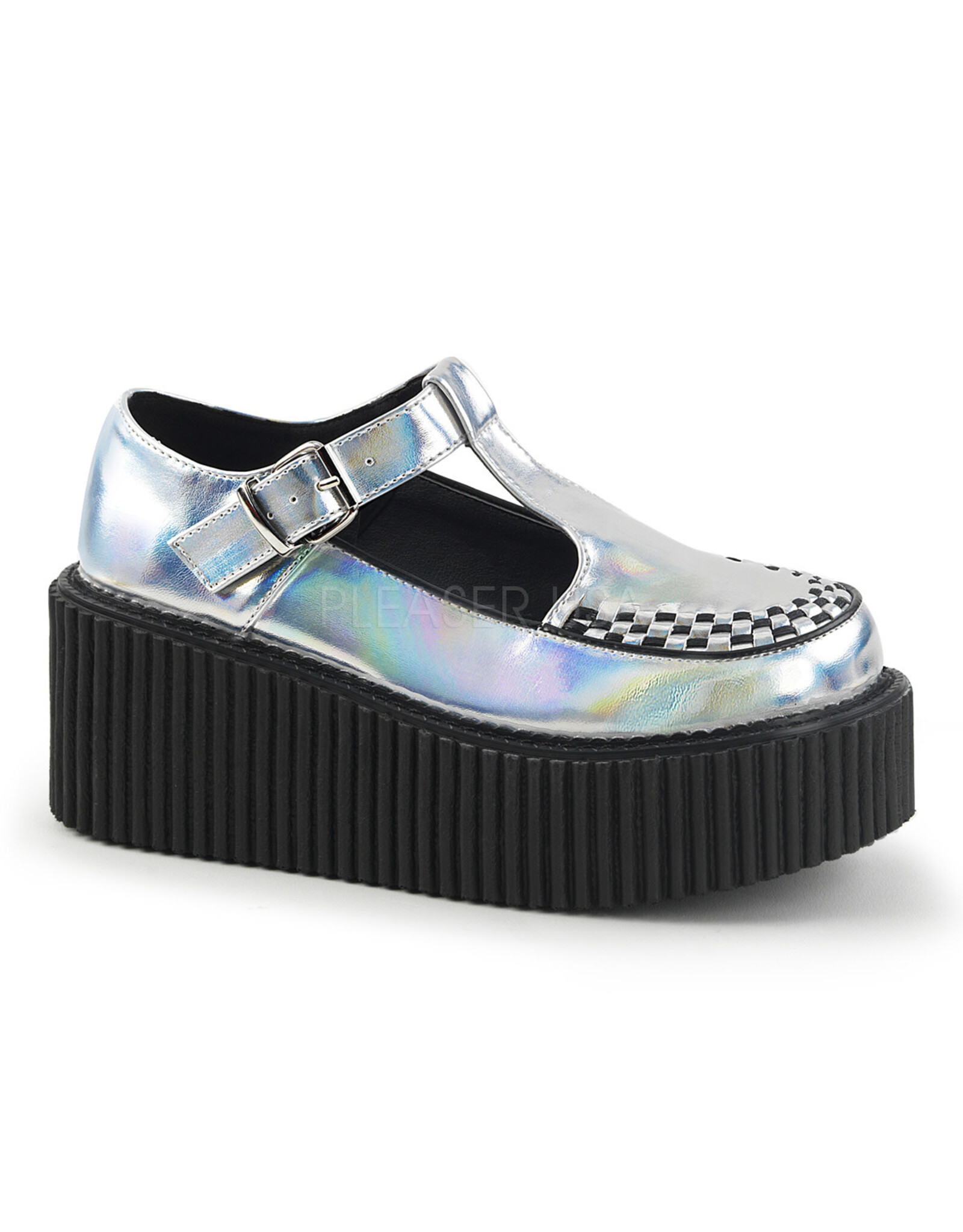 CREEPER-214 3" Platform T-Strap Silver Hologram Creeper w/Side Cutout & Buckle Detail-D8SHM