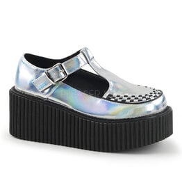 CREEPER-214 3" Platform T-Strap Silver Hologram Creeper w/Side Cutout & Buckle Detail-D8SHM