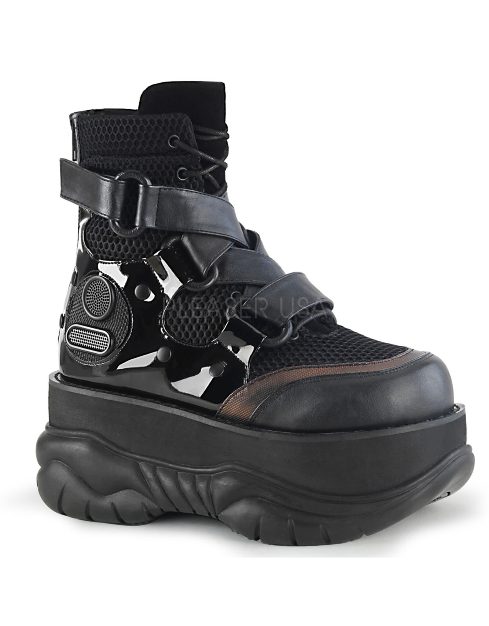 NEPTUNE-126 3" Platform Black Vegan Lace-Up Criss-Cross Strap Ankle Boot,Hook N' Loop Closure & Ventilator Detail,Back Zip Closure D37BVS - NEPTUNE-126