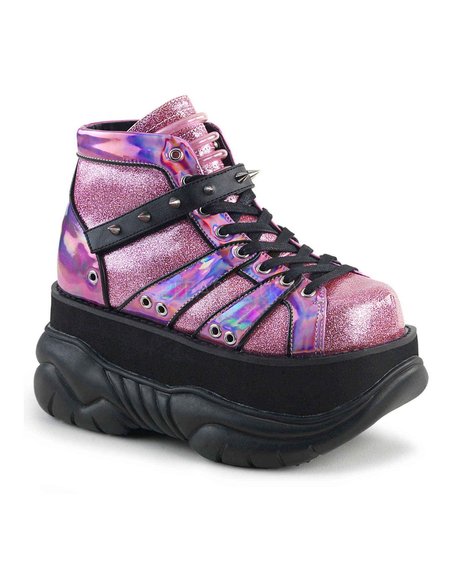 NEPTUNE-100 3" Platform Pink Glitter-Silver/Vegan Leather Shoe, Hook N' Loop Ankle Strap w/ Cone Studs and UV Reactive Tubbing D29VPG