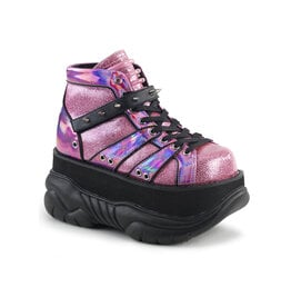 NEPTUNE-100 3" Platform Pink Glitter-Silver/Vegan Leather Shoe, Hook N' Loop Ankle Strap w/ Cone Studs and UV Reactive Tubbing D29VPG