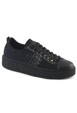 SNEEKER-107 1 1/2" Platform Black Canvas Low Top Ornamental Zipper Lace-Up Creeper Sneaker w/ Flat Stud Details D36BCS