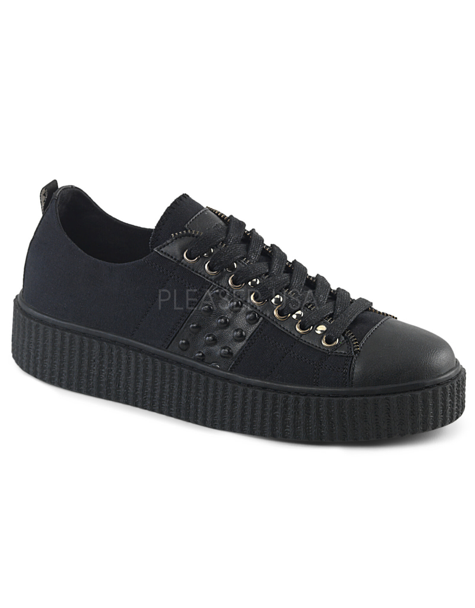 SNEEKER-107 1 1/2" Platform Black Canvas Low Top Ornamental Zipper Lace-Up Creeper Sneaker w/ Flat Stud Details D36BCS