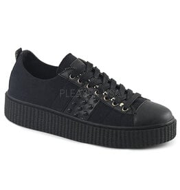 SNEEKER-107 1 1/2" Platform Black Canvas Low Top Ornamental Zipper Lace-Up Creeper Sneaker w/ Flat Stud Details D36BCS