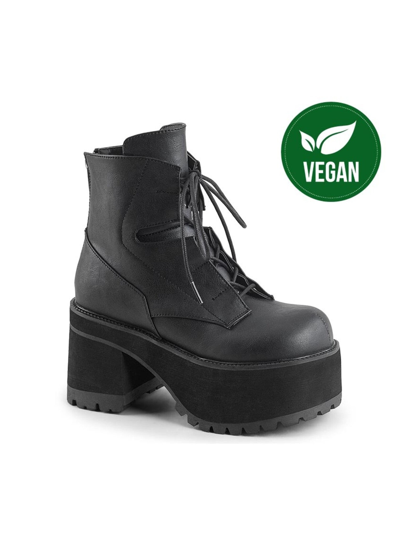 RANGER-102 3 3/4" Heel, 2 1/4" P/F Black Vegan Leather Lace-Up Front Ankle Boot, Side Zip D43VB