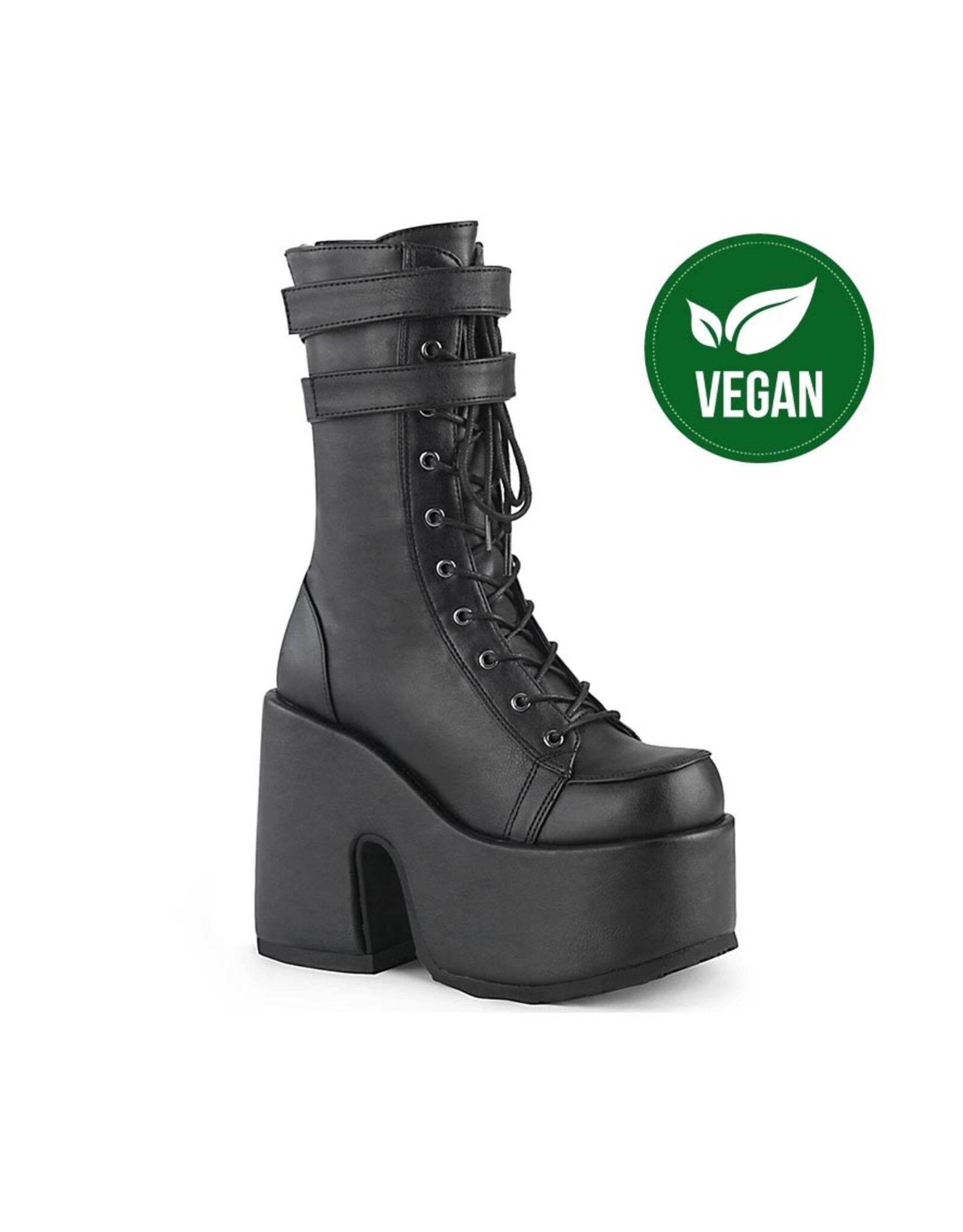 CAMEL-250 5" Chunky Heel, 3" P/F Black Vegan Leather Lace-Up Mid-CalfBoot, Back Zip D47VB
