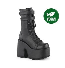 CAMEL-250 5" Chunky Heel, 3" P/F Black Vegan Leather Lace-Up Mid-CalfBoot, Back Zip D47VB