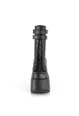 CAMEL-250 5" Chunky Heel, 3" P/F Black Vegan Leather Lace-Up Mid-CalfBoot, Back Zip D47VB