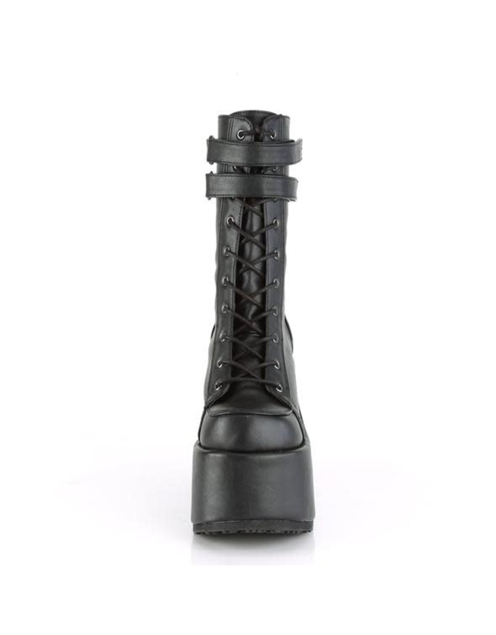 CAMEL-250 5" Chunky Heel, 3" P/F Black Vegan Leather Lace-Up Mid-CalfBoot, Back Zip D47VB
