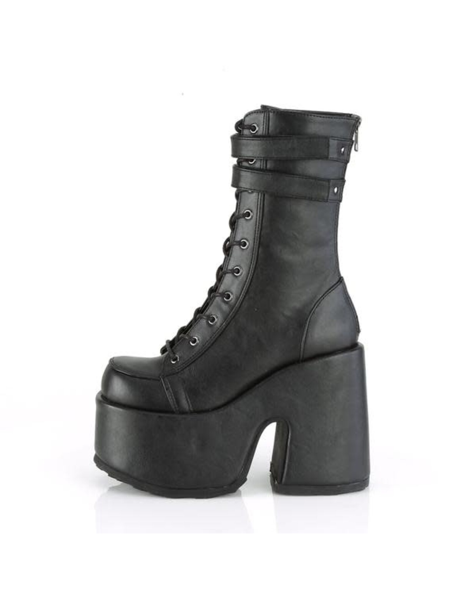 CAMEL-250 5" Chunky Heel, 3" P/F Black Vegan Leather Lace-Up Mid-CalfBoot, Back Zip D47VB