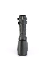 CAMEL-250 5" Chunky Heel, 3" P/F Black Vegan Leather Lace-Up Mid-CalfBoot, Back Zip D47VB