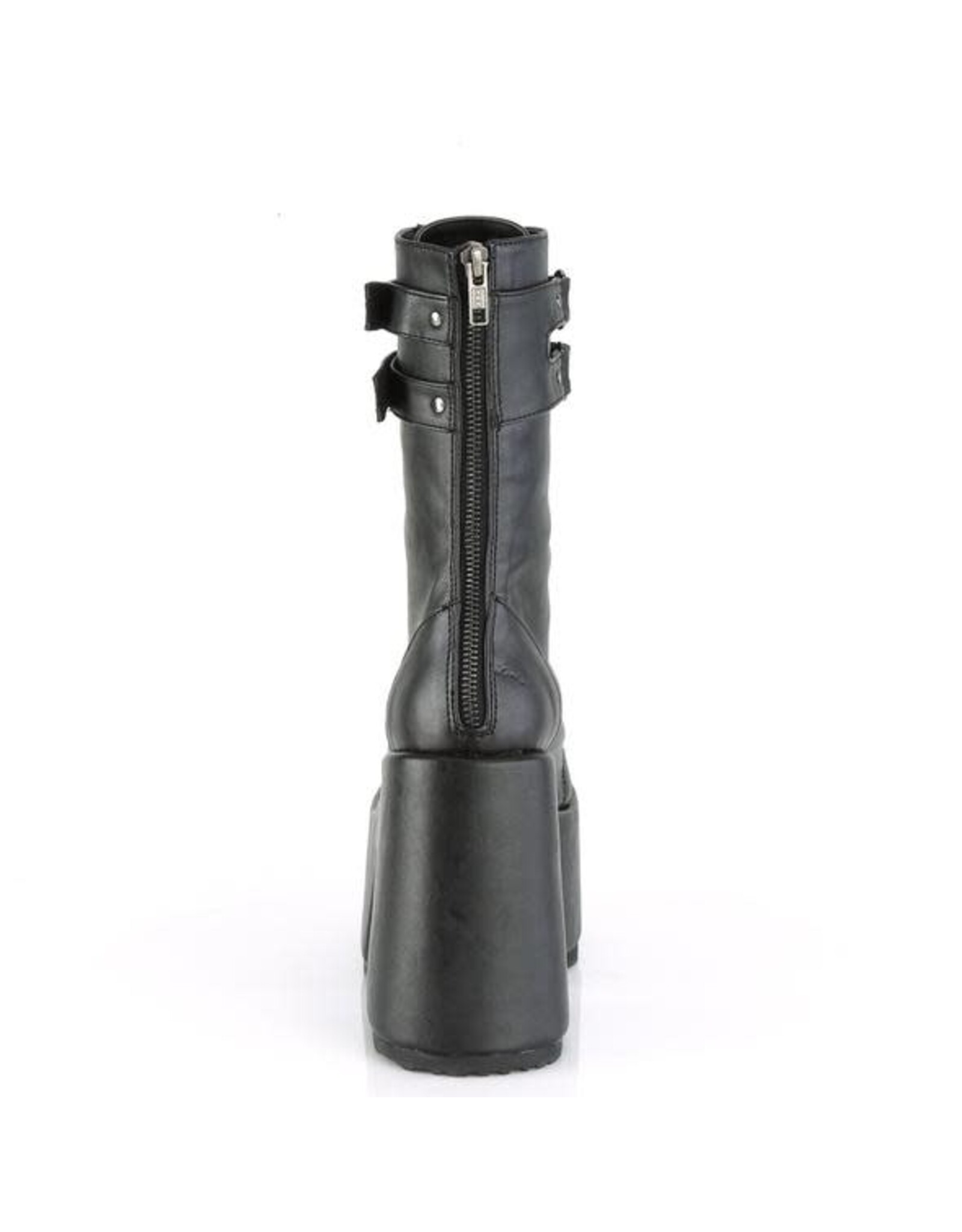 CAMEL-250 5" Chunky Heel, 3" P/F Black Vegan Leather Lace-Up Mid-CalfBoot, Back Zip D47VB