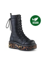 EMILY-350 2" Platform Calf High Vegan Black Leather Leopard Lace-Up Boot W/Outer Metal Zipper D48VBLE