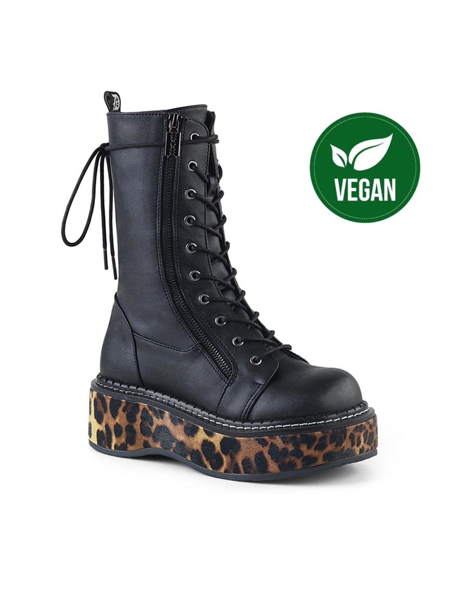 EMILY-350 2" Platform Calf High Vegan Black Leather Leopard Lace-Up Boot W/Outer Metal Zipper D48VBLE