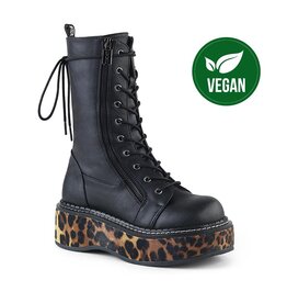 EMILY-350 2" Platform Calf High Vegan Black Leather Leopard Lace-Up Boot W/Outer Metal Zipper D48VBLE