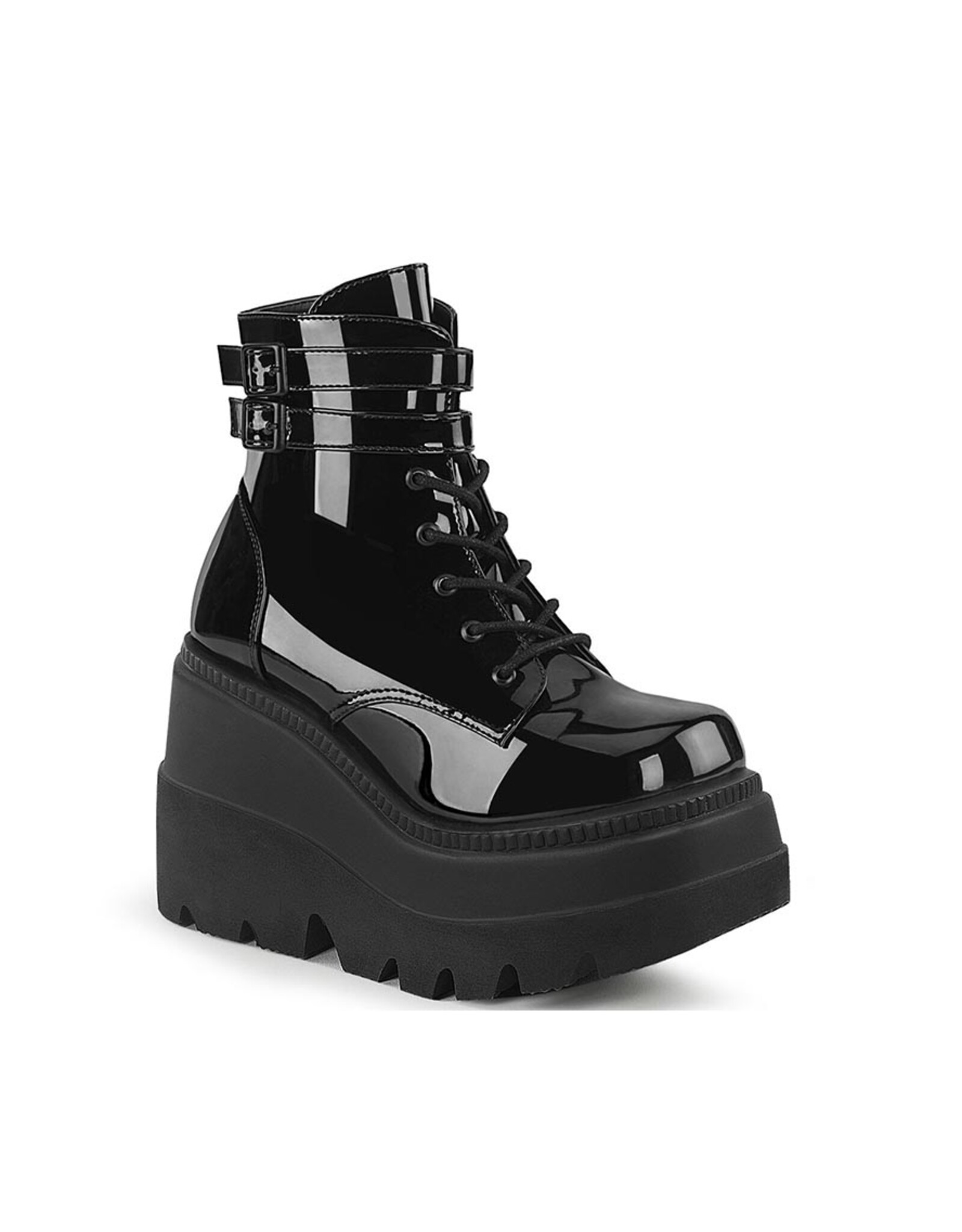 SHAKER-52 4 1/2" Wedge PF Black Patent Ankle Boot, Side Zip D38PB