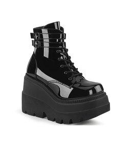 SHAKER-52 4 1/2" Wedge PF Black Patent Ankle Boot, Side Zip D38PB