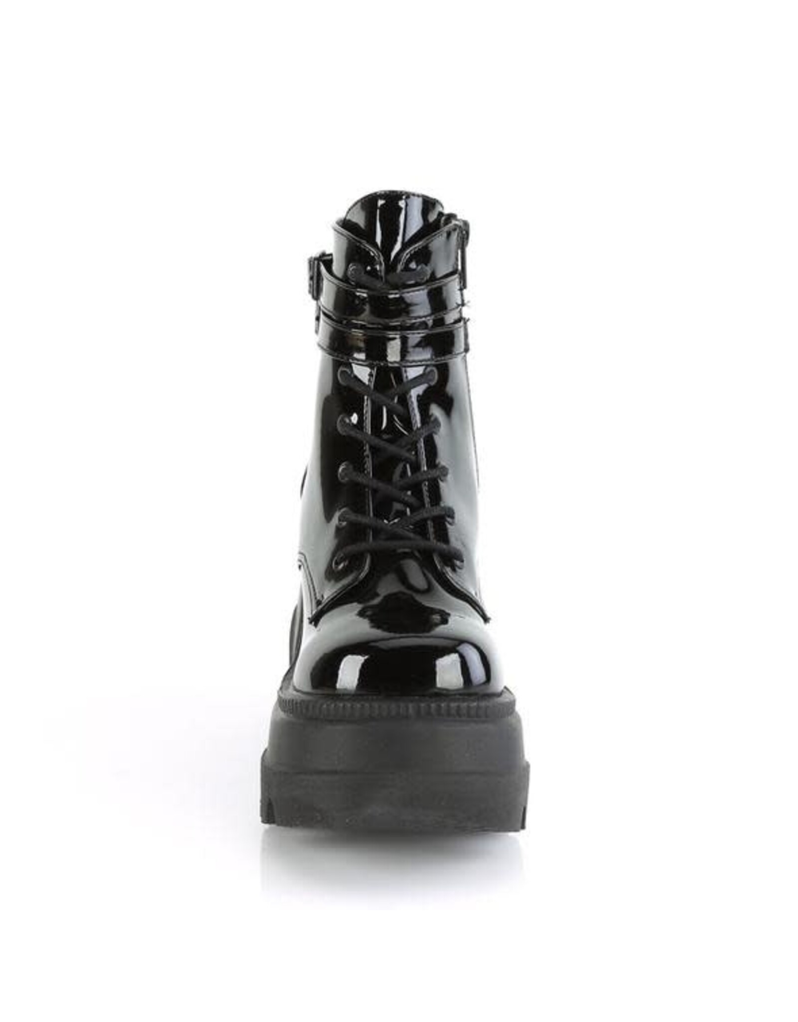 SHAKER-52 4 1/2" Wedge PF Black Patent Ankle Boot, Side Zip D38PB