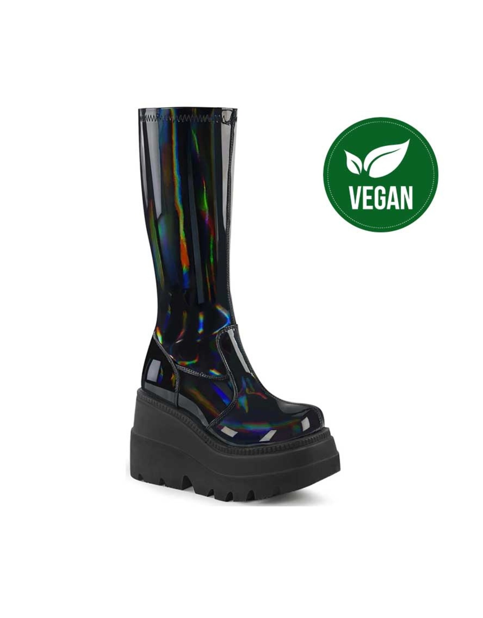SHAKER-65 4 1/2" Wedge Platform Black Patent Hologram Stretch Knee High Boot D69BHG