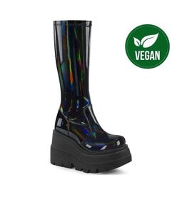 SHAKER-65 4 1/2" Wedge Platform Black Patent Hologram Stretch Knee High Boot D69BHG