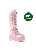 DAMNED-318 3 1/2" PF Knee High Boot Pink Patent Halo Featuring 8 Buckle Straps w/ Metal Plates at Center, Back Metal Zip Closure D54BPHG - DAM318/BPHG