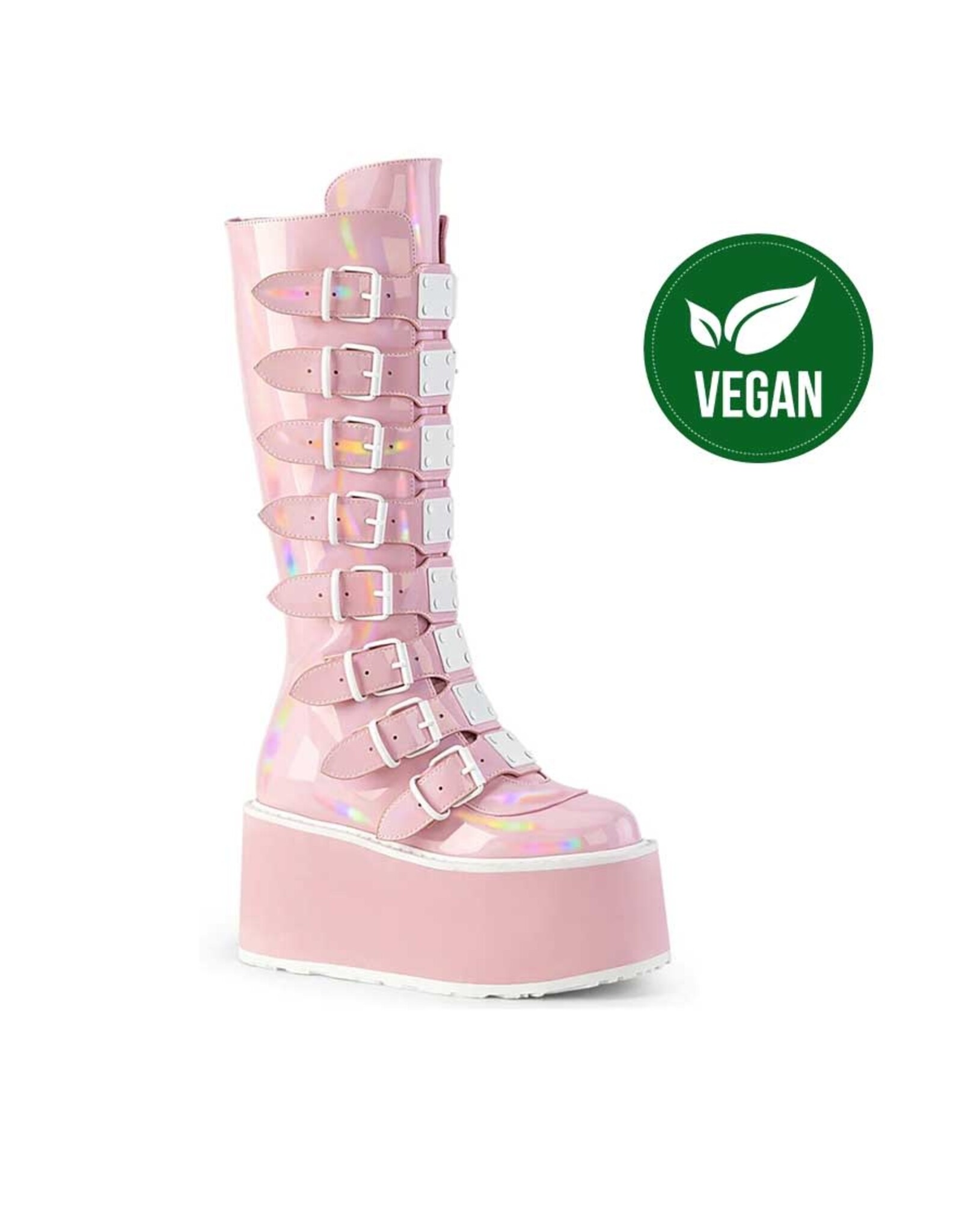 DAMNED-318 3 1/2" PF Knee High Boot Pink Patent Halo Featuring 8 Buckle Straps w/ Metal Plates at Center, Back Metal Zip Closure D54BPHG - DAM318/BPHG