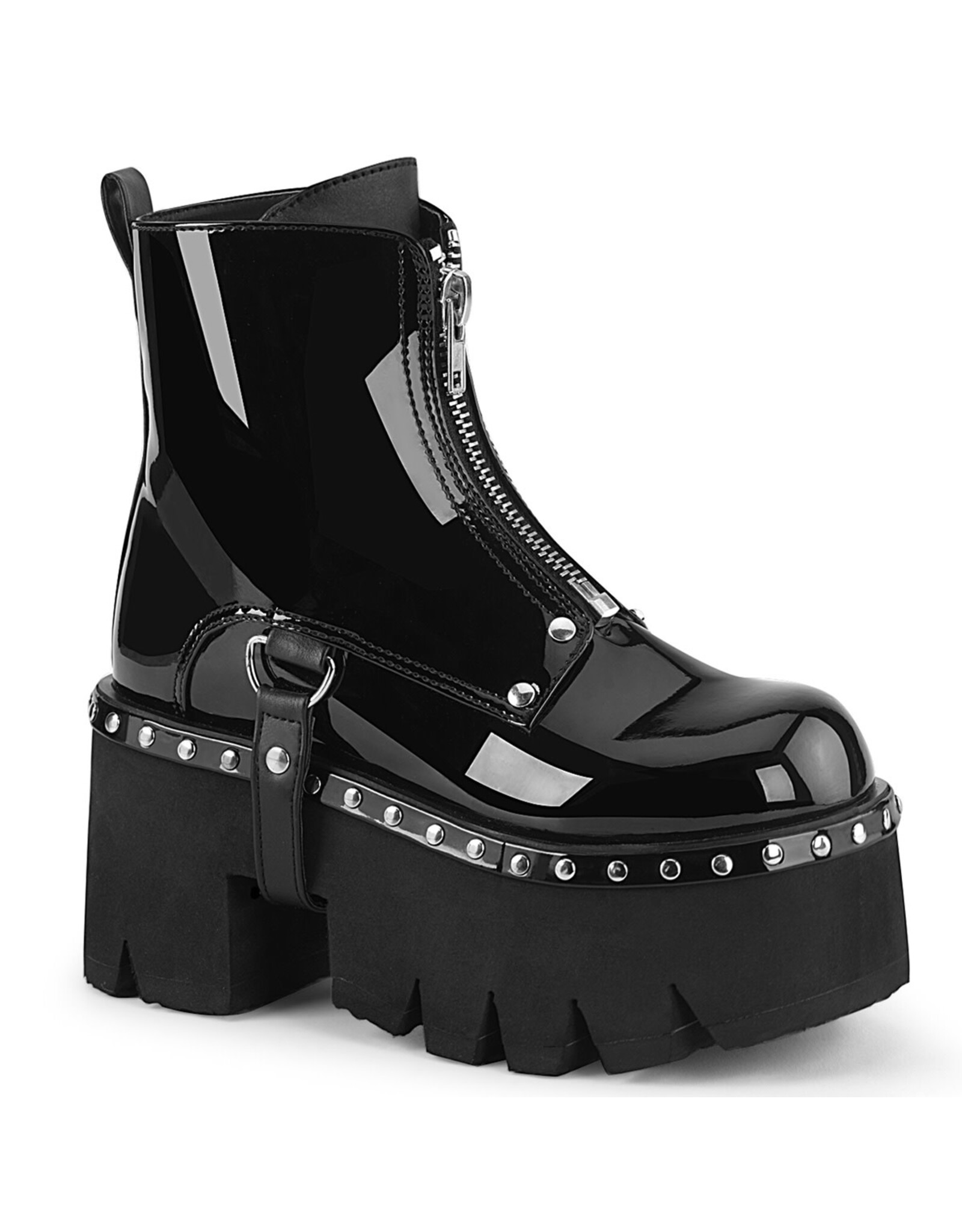 ASHES-100 3 1/2" Chunky Heel Platform Black Patent Vegan Leather Boot,Silver Stud Embellishments + D-Rings Harness Strap D39PB