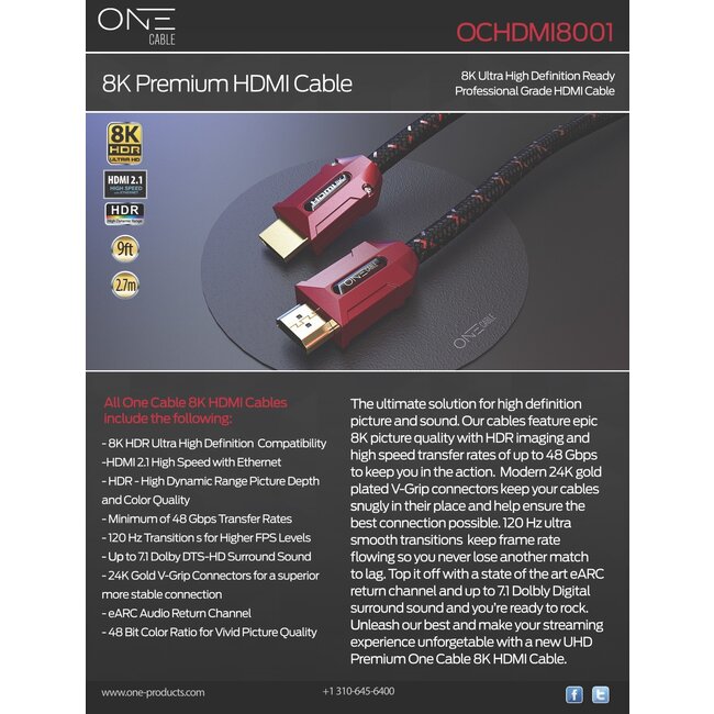 Pro Mounts 9' PREMIUM 8K 2.1 ULTRA HD READY HDMI CABLE OCHDMI8001-9