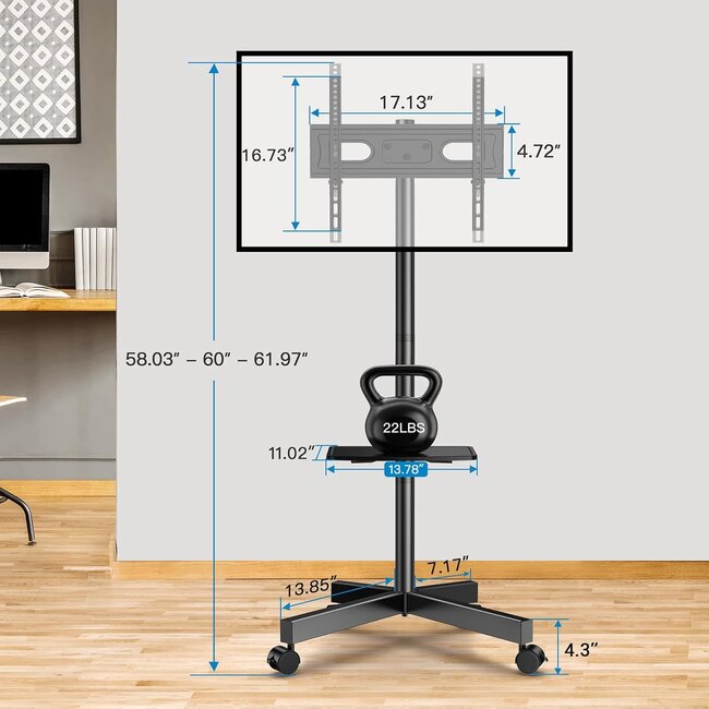 FULLY ASSEMBLED Mobile TV Stand for 32-60 Inch LCD LED Flat/Curved Panel Screen TVs, Tilt TV Cart Holds up to 88Lbs Portable Stand Rolling Floor Max VESA 400x400mm