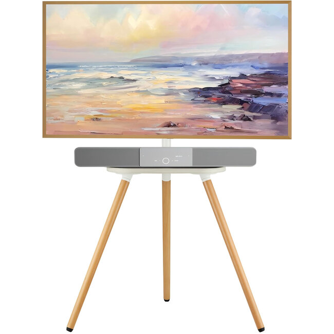 FULLY ASSEMBLED ECOTINY Tripod Easel TV Stand for 40-65" TVs, Height-Adjustable Swivel Corner Floor TV Stand with Wooden Tray, VESA 400x400 LCD/LED/OLED Compatible