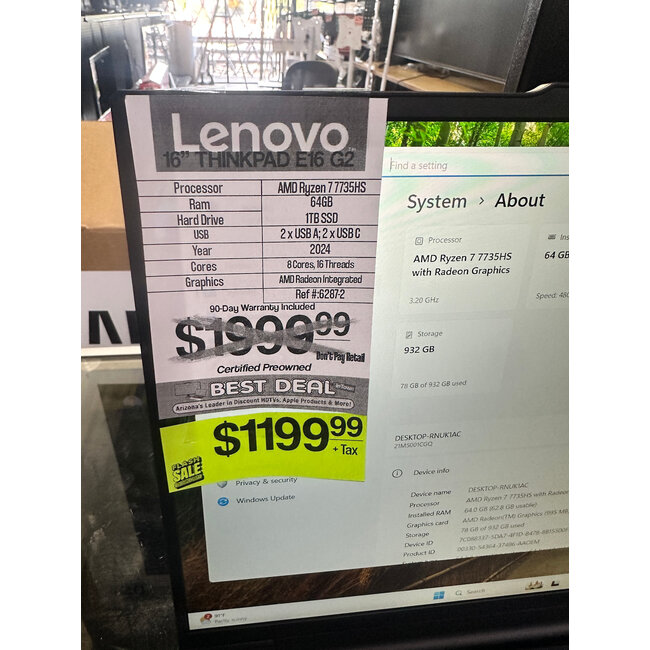 lenovo 16" LenovoThinkPad E16 Gen 2 Laptop Windows PC Ryzen 7 7735HS 64GB Ram DDR5 1TB SSD