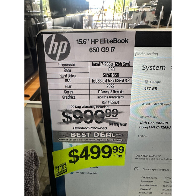 HP 15.6" HP ELITEBOOK 650 G9 Laptop Windows PC 12th Gen i7-1265U 16GB Ram 512GB SSD