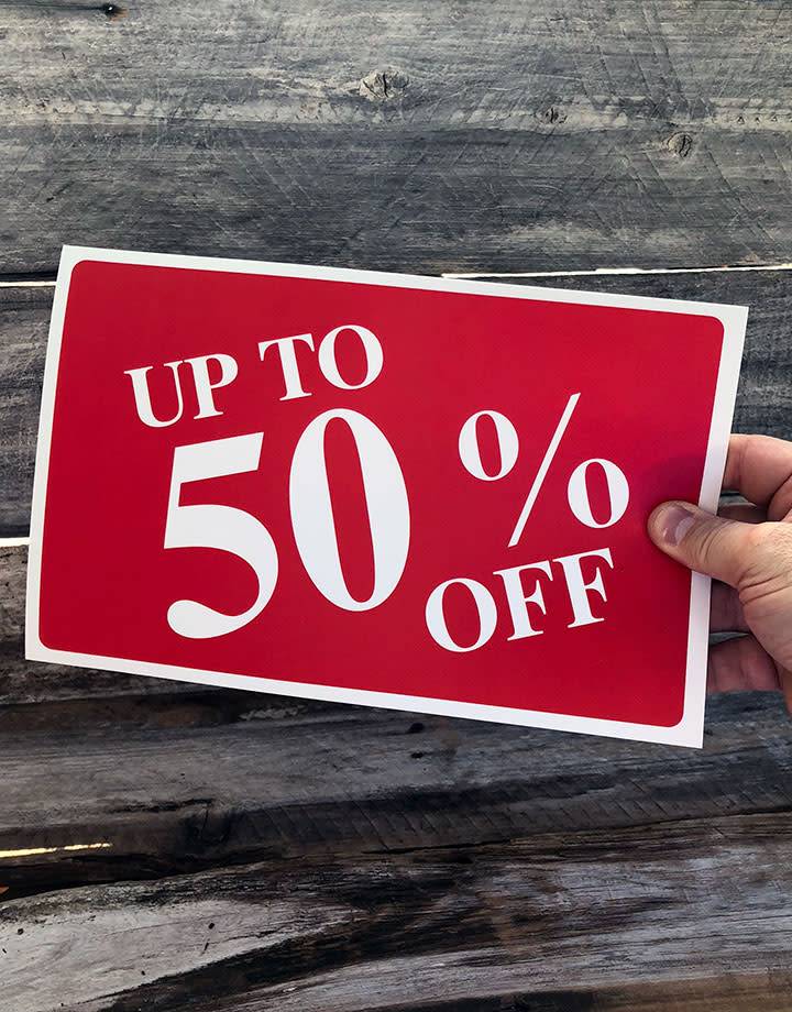 DSI5942 = Sign Plastic - "UP TO 50% OFF" 7X11