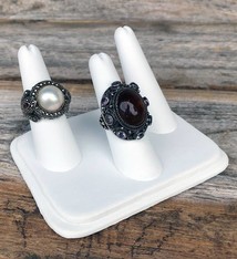 DRG6433 = White Leatherette Three Finger Ring Display 4'' x 3-1/4''