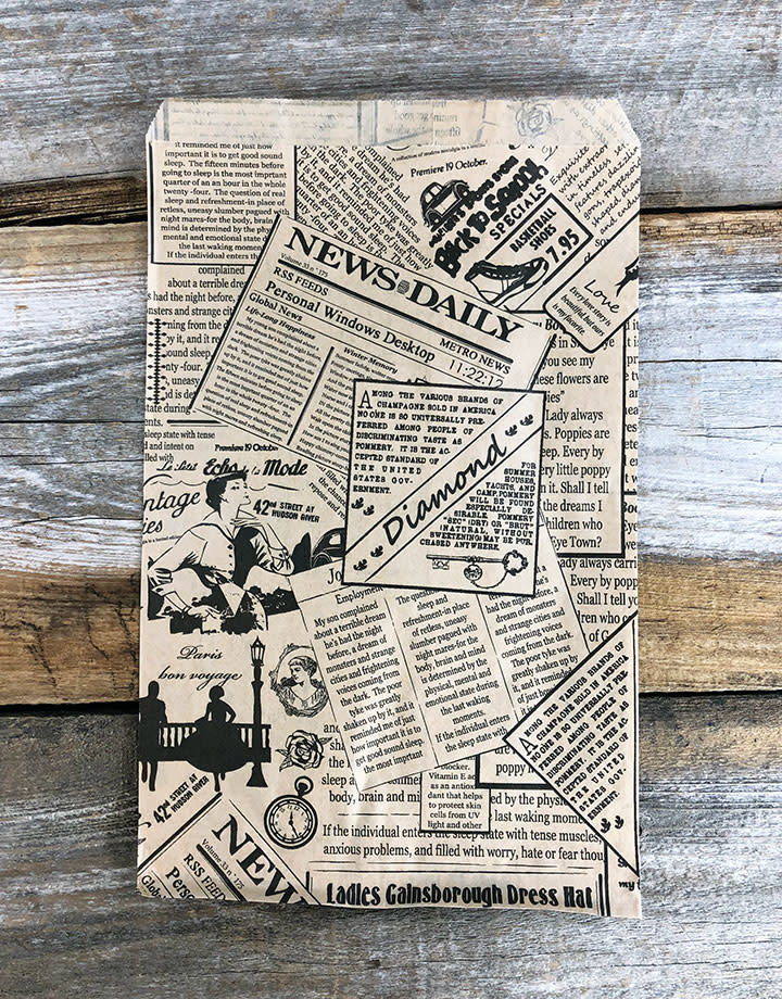 DBG1114 = Paper Gift Bag Classic News Print Pattern 6'' x 9'' (Bundle of 100)
