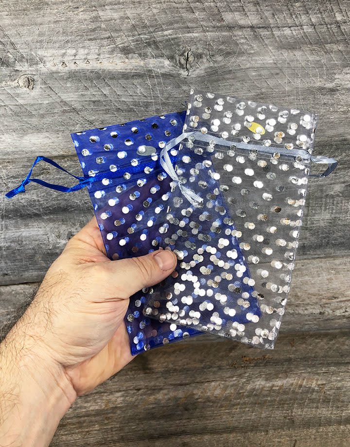 DBX1294P = Organza Drawstring Pouches Polka Dots 4''x5'' (Dozen)