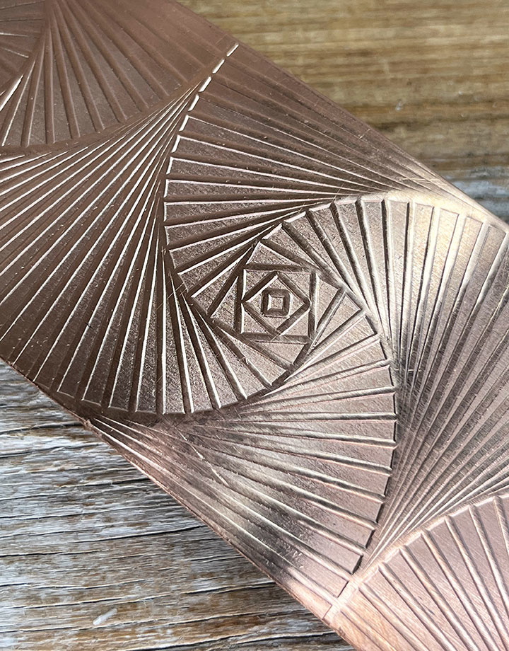 CSP50 = Patterned Copper Sheet ''Spiral Geometry'' 2'' x 6'' (Choose Gauge)