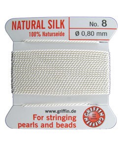 38.01208 = White Silk Beading Cord #8 on Card with Needle