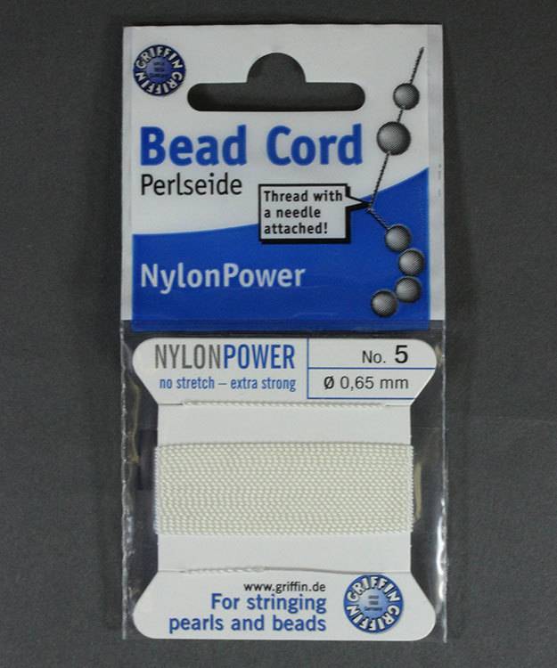 38.0825 = White Nylon Beading Cord #5 on Card with Needle