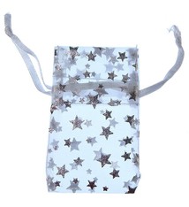 DBX1291W = Organza Drawstring Pouches White with Silver Stars 1-3/4''x2'' (Dozen)