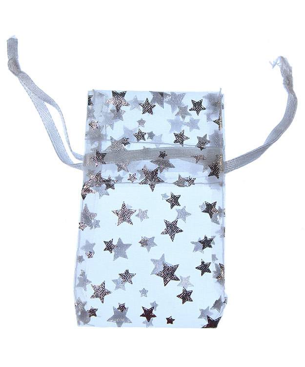 DBX1292W = Organza Drawstring Pouches White with Silver Stars 2-3/4''x3-1/2'' (Dozen)